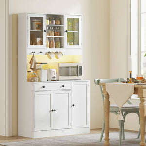 Armoire de cuisine haute avec éclairage LED, étagères, tiroir, portes, blanc