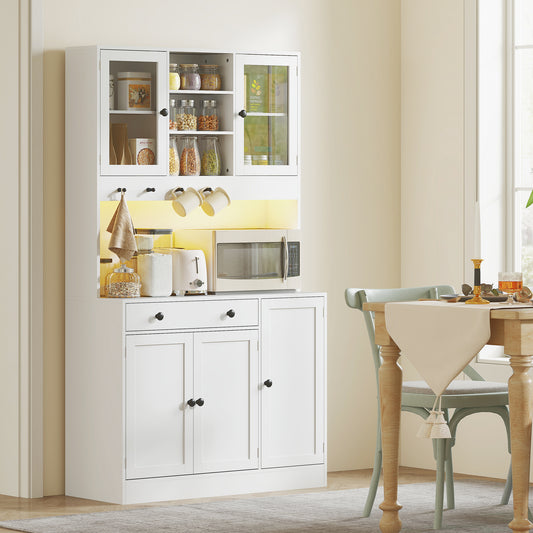 Tall kitchen cabinet with LED lighting, shelves, drawer, doors, white