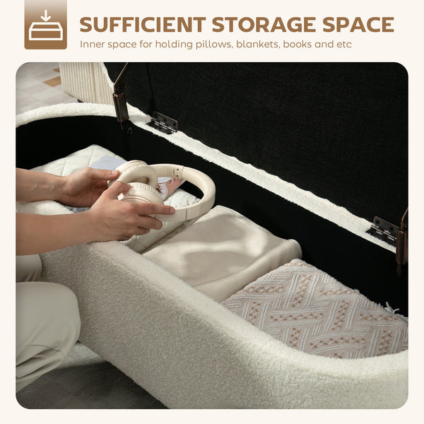 Pouf de rangement avec couvercle relevable et pieds en acier, blanc crème