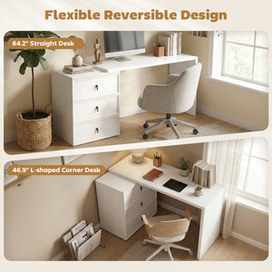 L-Shaped Computer Desk Home Office Desk with 3 Drawers White Wood Grain