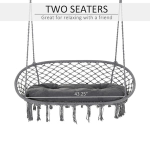 Patio Hammock Chair 2 Seat, Hanging Rope Hammock Swing Chair with Metal Frame and Cushion, Large Macrame Seat for Indoor and Outdoor 396 lbs Capacity, Dark Grey