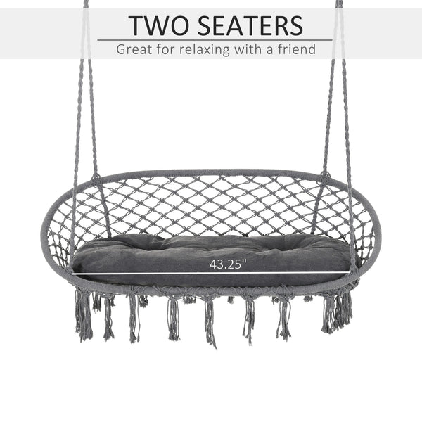Patio Hammock Chair 2 Seat, Hanging Rope Hammock Swing Chair with Metal Frame and Cushion, Large Macrame Seat for Indoor and Outdoor 396 lbs Capacity, Dark Grey