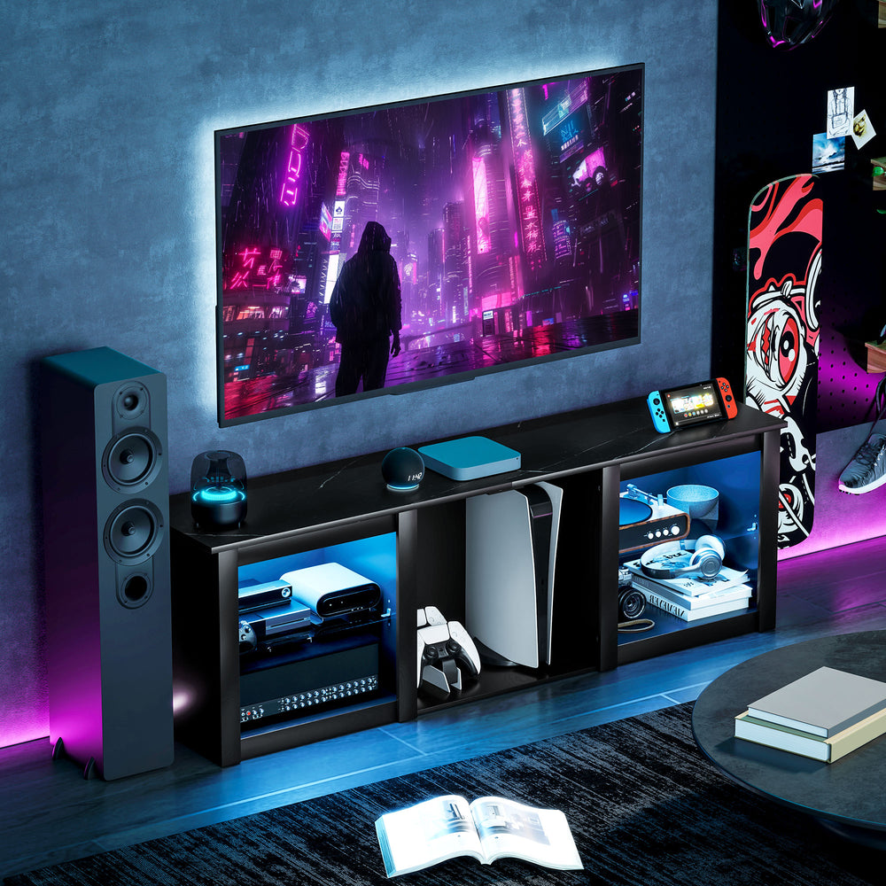 TV unit with LED lighting and adjustable glass shelves, for TVs up to 65 inches, black