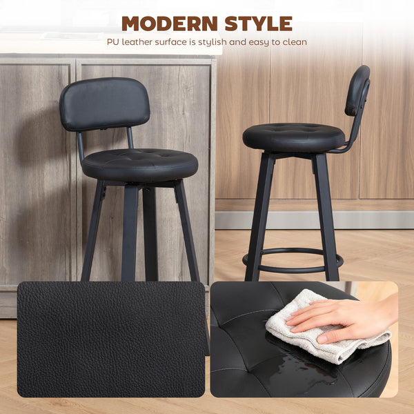 Ensemble de 2 tabourets de bar rembourrées avec repose-pieds et dossier pour comptoir de cuisine, noir