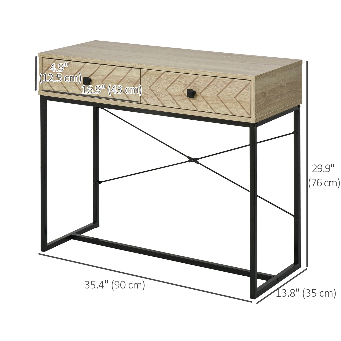 Meuble console avec 2 tiroirs de rangement, table d'entrée étroite avec cadre en métal, bureau