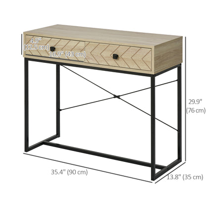 Meuble console avec 2 tiroirs de rangement, table d'entrée étroite avec cadre en métal, bureau