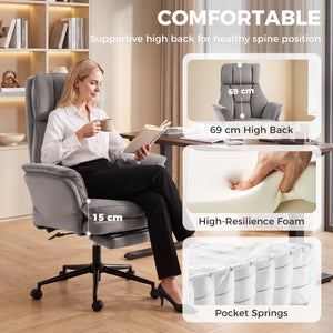 Chaise de bureau ergonomique avec repose-pieds, accoudoirs relevables et dossier inclinable à 135°, gris