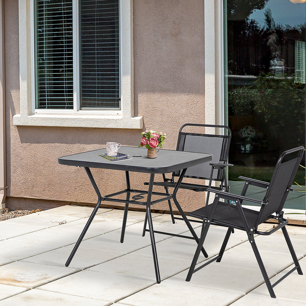 Table d'extérieur carrée avec plateau en faux marbre et trou pour parasol, gris foncé