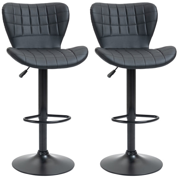 Set of 2 PU leather-covered bar stools with wide seats, black