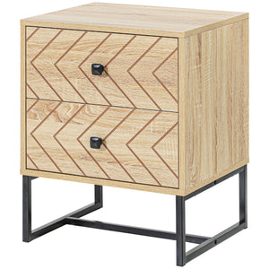 Table de chevet moderne avec tiroirs et pieds en métal, design en zigzag, couleur naturelle