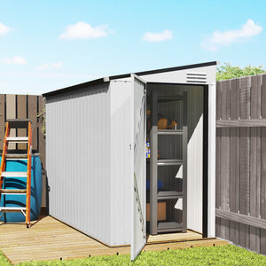 Abri de jardin adossé en métal avec porte verrouillable et aérations, blanc