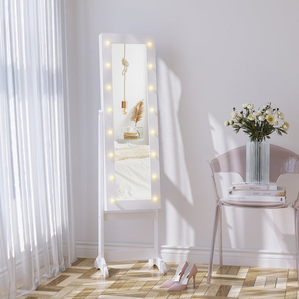 Armoire à bijoux sur pied avec miroir éclairé, angle réglable et 16 LED, blanc chaud