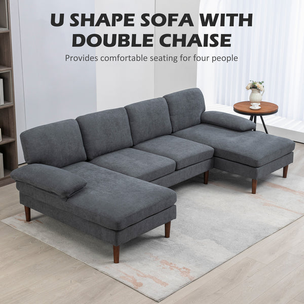 Modern 4 seater sofa with wooden legs, fabric sofa for living room, dark gray