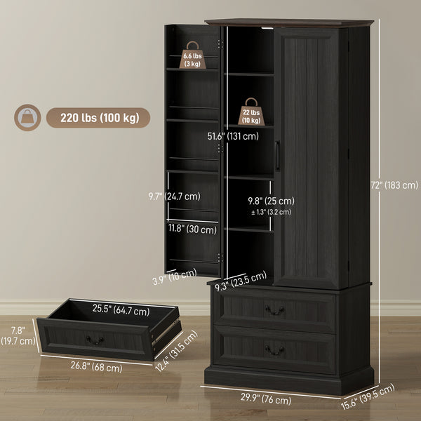 Buffet avec 10 étagères de porte, 2 tiroirs et étagères réglables, noir