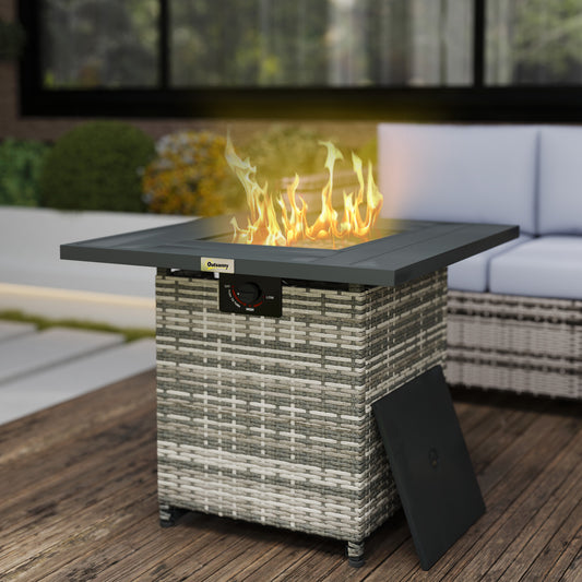 Outsunny 28" Propane Fire Pit Table, 40,000 BTU Rattan Gas Fire Pit Table with Rain Cover, Mesh Lid, Lava Rock, Grey Blend