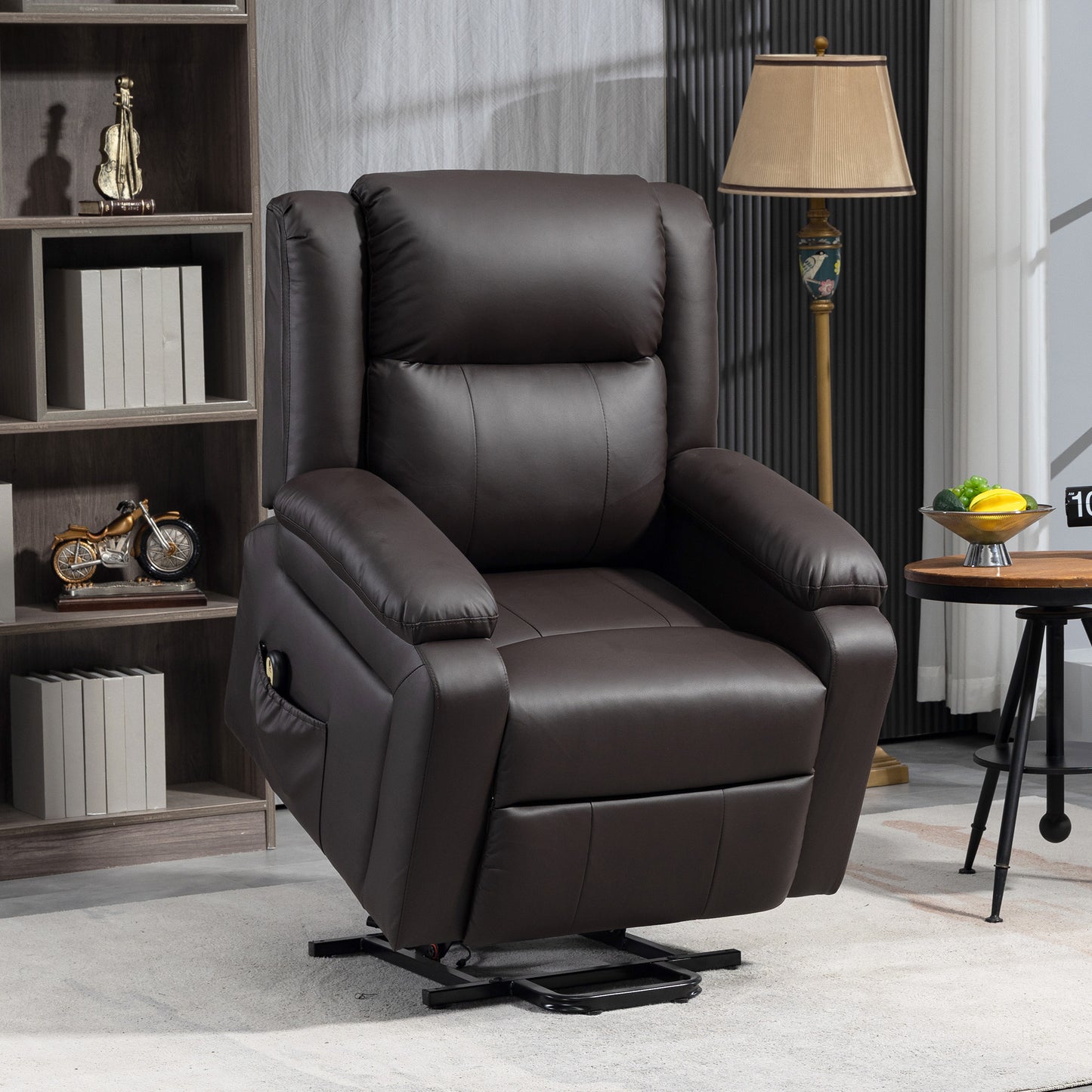 Fauteuil releveur électrique en cuir synthétique avec télécommande, poches latérales, montage rapide, marron