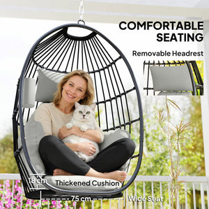Hanging Egg Chair Without Stand, Foldable Basket Swing Chair with Head Pillow, Soft Cushion and Cup Holder, Dark Grey
