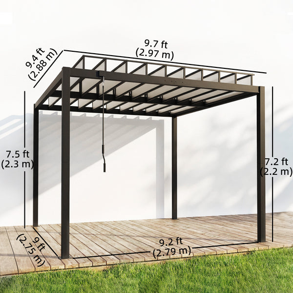 9.5 x 10 ft adjustable louvered pergola with polycarbonate roof, drainage gutters, handle, clear