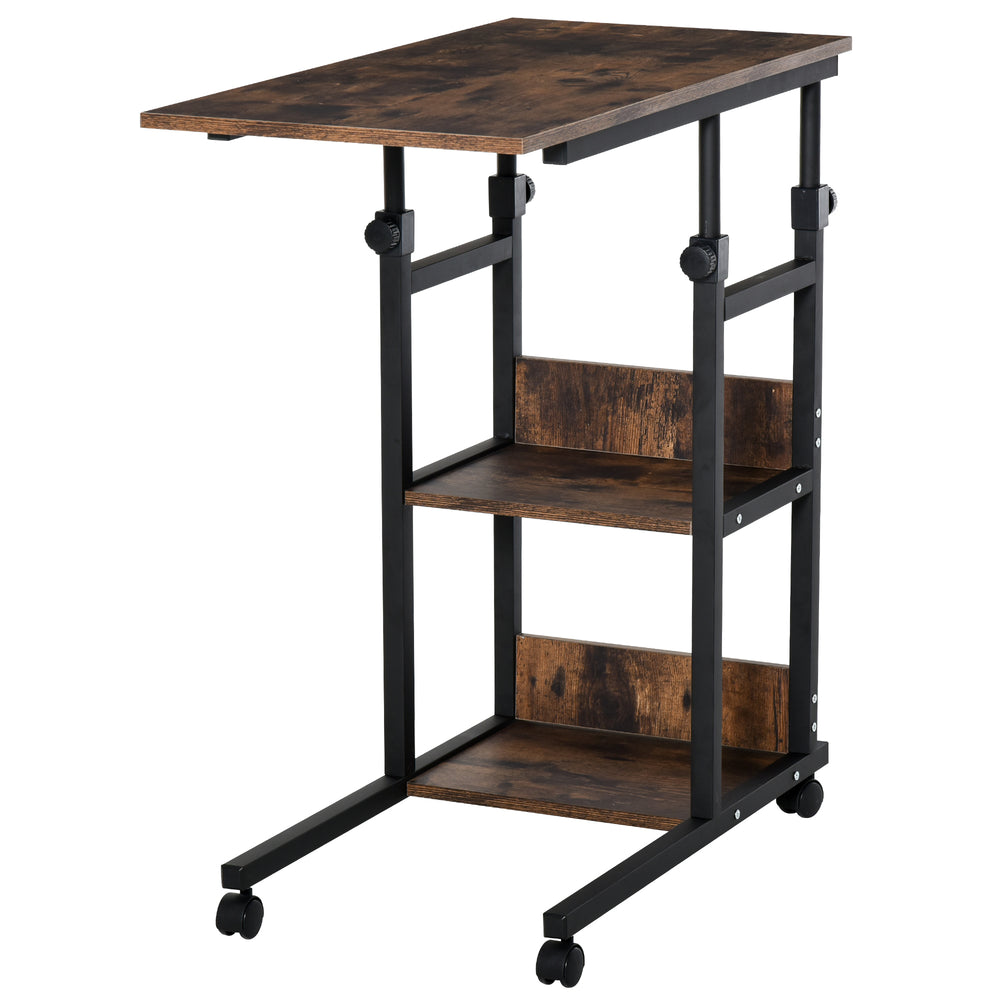 Bureau debout mobile à hauteur réglable avec roulettes, marron rustique