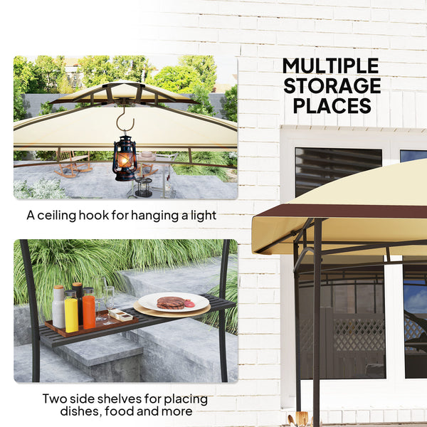 Gazebo pour barbecue à deux niveaux, 2 étagères latérales et crochet, beige