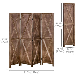 Cloison de séparation 4 panneaux style campagnard avec cadre en bois pliable, noyer