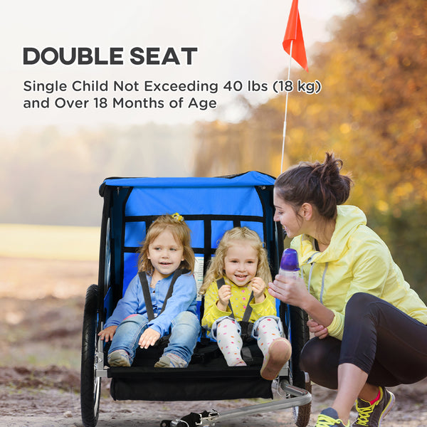2-seater bicycle trailer with sturdy steel frame, 5-point safety harness, blue