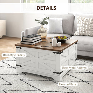 Table basse carrée style ferme avec couvercles rabattables et compartiment de rangement dissimulé, blanche