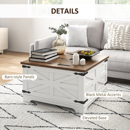 Table basse carrée style ferme avec couvercles rabattables et compartiment de rangement dissimulé, blanche