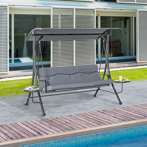 3 Seat Outdoor Swing Chair Steel Swing Bench Porch Swing With Adjustable Canopy, Coffee Tables and Cushion for Patio Garden, Dark Grey