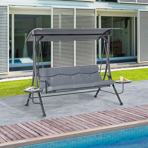 3 Seat Outdoor Swing Chair Steel Swing Bench Porch Swing With Adjustable Canopy, Coffee Tables and Cushion for Patio Garden, Dark Grey