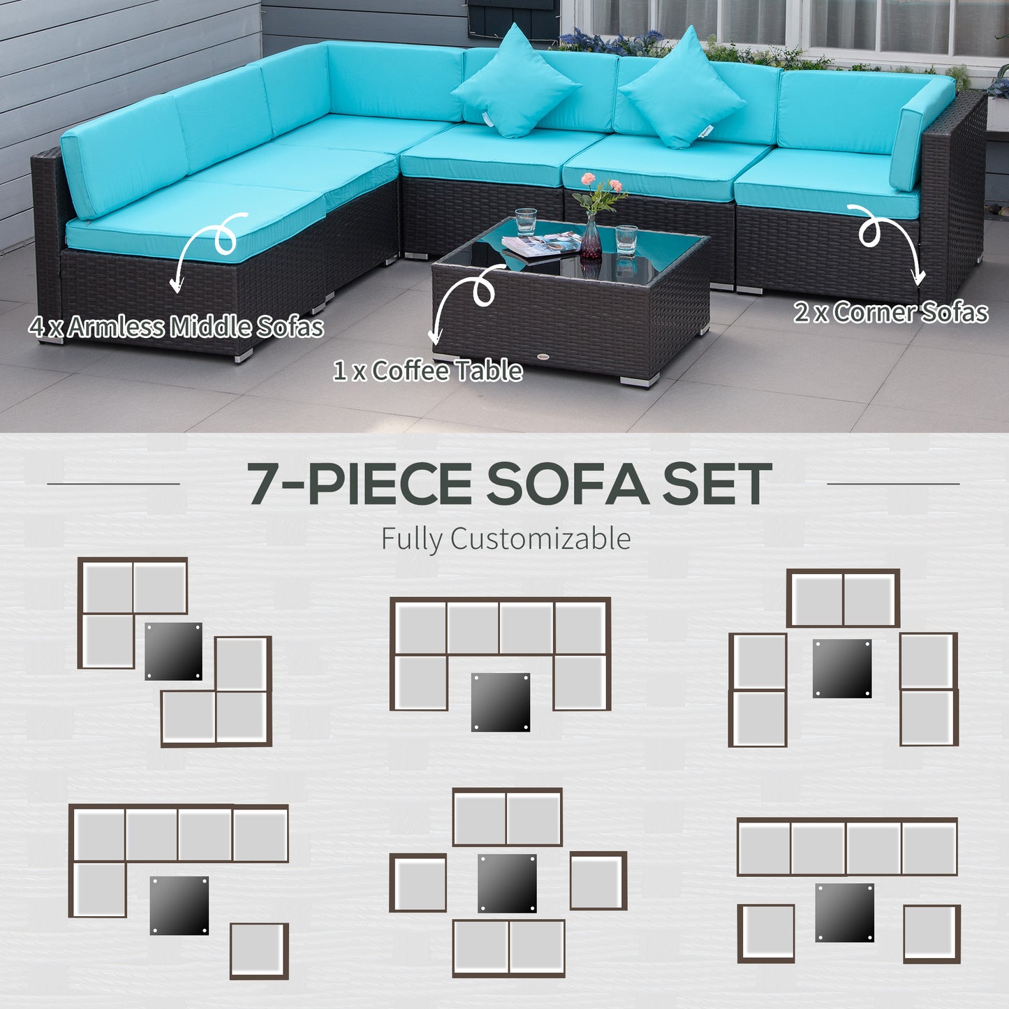 Outsunny 7-Piece Wicker Garden Sofa Set, Sectional Patio Furniture, Dark Coffee and Light Blue
