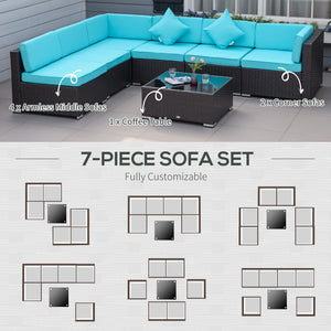 Canapé de jardin 7 pièces en osier, mobilier de jardin sectionnel, café foncé et bleu clair