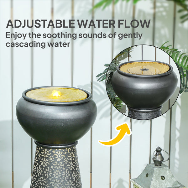 Fontaine d'extérieur avec lumières LED, cascade de jardin à débit réglable avec base florale découpée, gris foncé et jaune