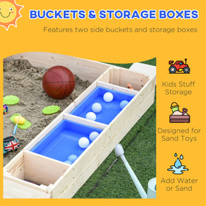 Bac à sable en bois pour enfants avec banquette pliable, 2 bacs en plastique et revêtement de fond.
