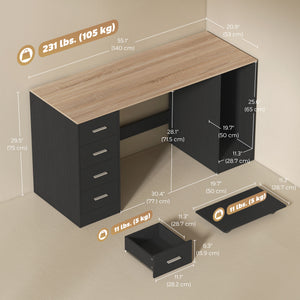Desk with 4 reversible drawers and mobile PC stand, black