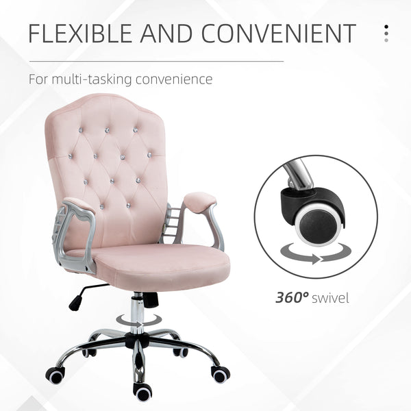 Upholstered velvet office chair with swivel casters, pink