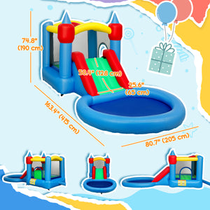 Château gonflable 4 en 1 avec toboggan, panier de basket, piscine à balles, souffleur et sac de rangement, 410 x 205 x 190 cm