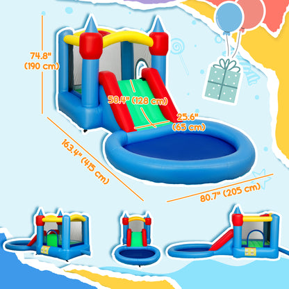 4-in-1 bouncy castle with slide, basketball hoop, ball pit, blower and storage bag, 410 x 205 x 190 cm