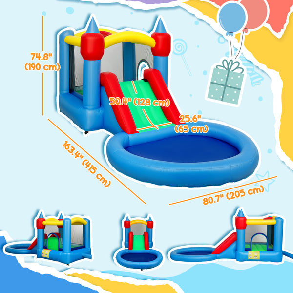 Château gonflable 4 en 1 avec toboggan, panier de basket, piscine à balles, souffleur et sac de rangement, 410 x 205 x 190 cm