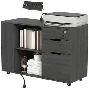 Filing Cabinet with Power Outlets Lockable Casters File Drawer Side Cubbies Black Wood Grain
