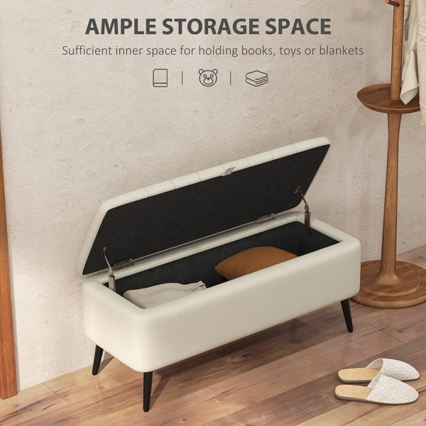 Pouf avec rangement rembourré en lin avec pieds en acier, blanc crème