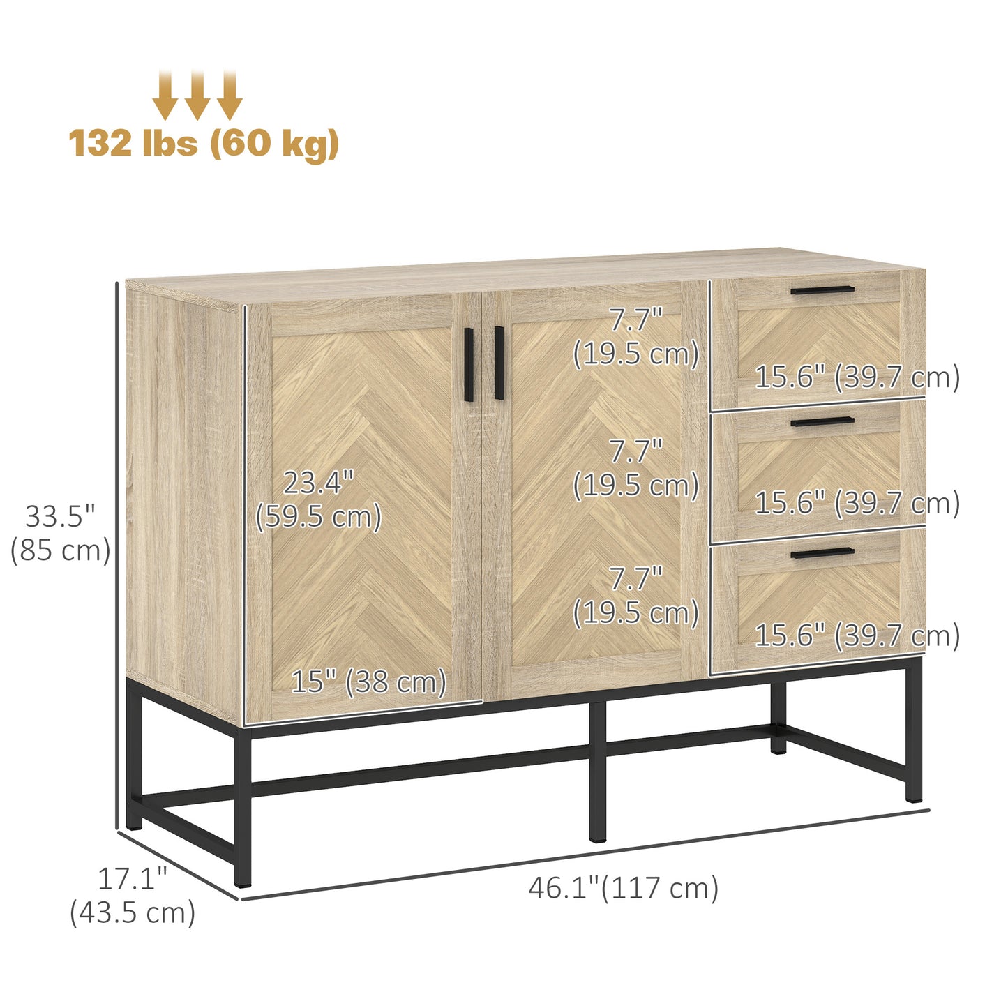 HOMCOM sideboard, coffee bar cabinet with drawers and adjustable shelf, oak