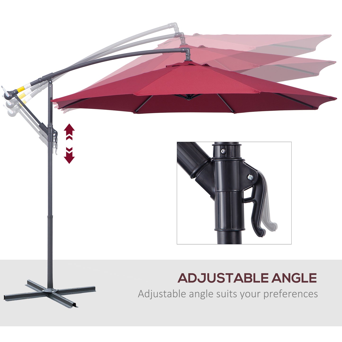 Outsunny Deluxe 10' Patio Umbrella, Offset Hanging Umbrella with Crank, Cross Base, Wine Red