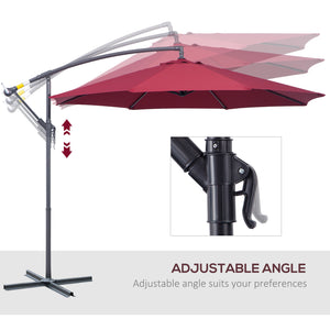 Parasol de terrasse de 10', suspendu déporté avec manivelle, base croisée, rouge vin