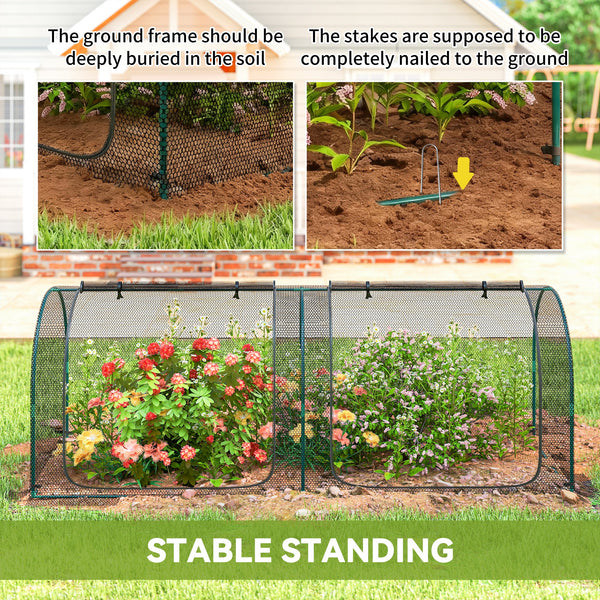 Protective plant cage with 3 zippered doors and 6 ground stakes