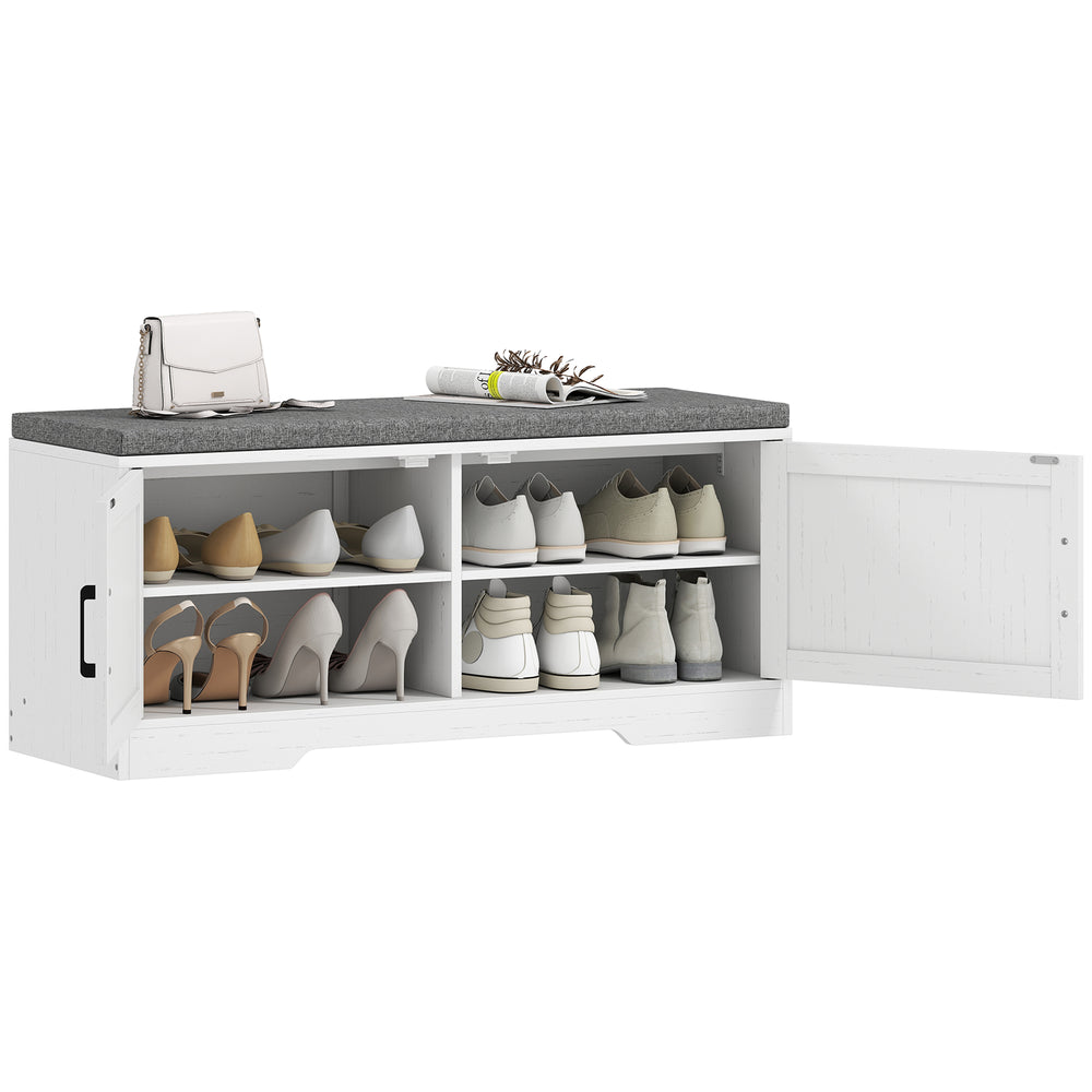 Banc d’entrée avec rangement pour chaussures, tablettes ajustables et coussin – Blanc et gris