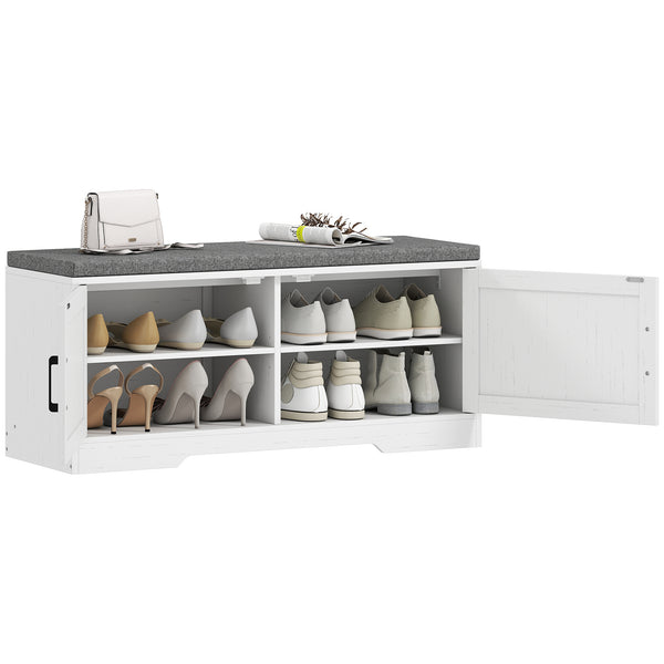 Banc d’entrée avec rangement pour chaussures, tablettes ajustables et coussin – Blanc et gris