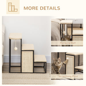 20" 3 Steps Cat Stairs, Carpeted Ladder Ramp, Pet Steps with Scratching Board and Hanging Ball for Small Cats, Steel Frame, Cream White