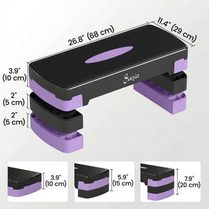 Plateforme de step aérobique réglable en hauteur (4", 6"/8"), avec rehausseurs, violet