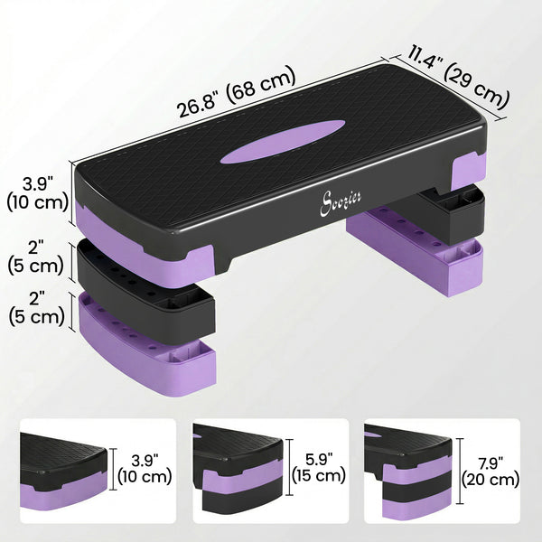 Plateforme de step aérobique réglable en hauteur (4", 6"/8"), avec rehausseurs, violet